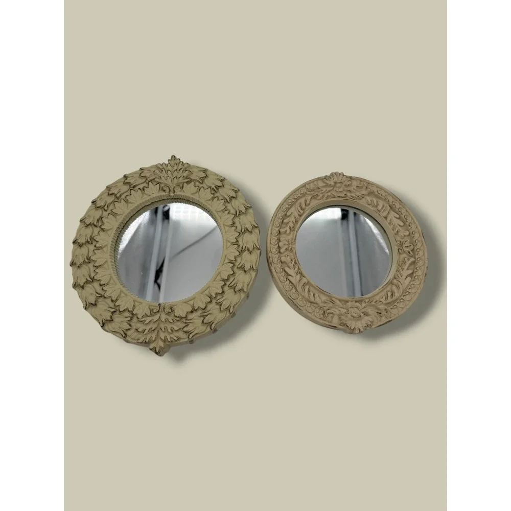 Vintage Style Ornate Round Wall Mirrors Set 2 Cream Distressed Shabby Chic
